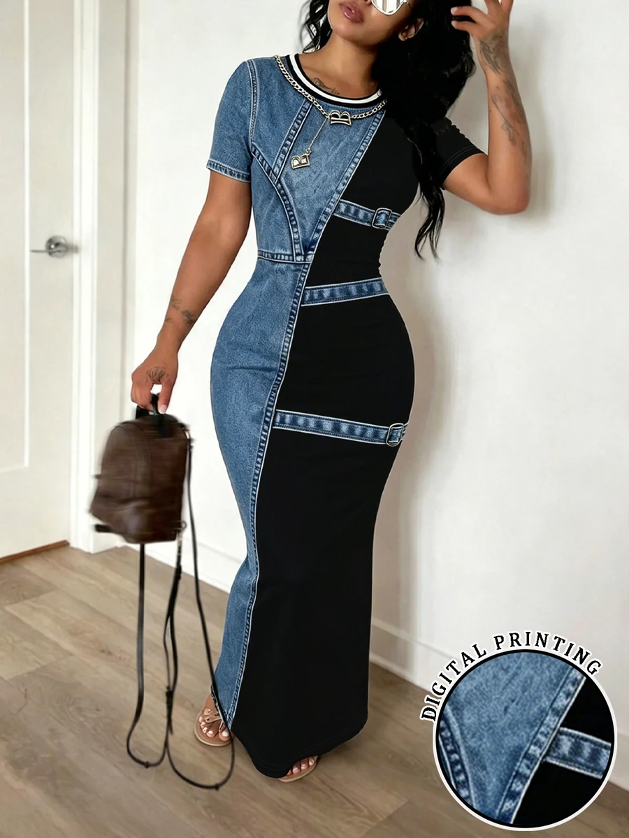 INAWLY Solva Women's New Best-Selling Denim Effect Slim Fit Casual Sexy Grunge Dress Going Out Ibiza Night Night Out Nightout Black Autumn