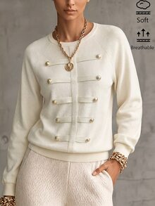 SHEIN 秋冬圓領套頭女上衣 拿破崙風格裝飾 精緻優雅女上衣 戶外女裝 適合通勤日常穿著 老錢風優雅女裝杏色T恤 - 杏色 - 查看 4