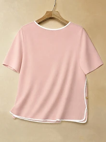 EMERY ROSE Plus Size Women's Trimmed Round Neck Short Sleeve Button Design Shirt Office Club Pink Summer - Pink - View 2