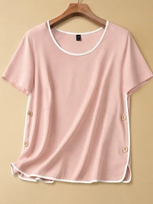 EMERY ROSE Plus Size Women's Trimmed Round Neck Short Sleeve Button Design Shirt Office Club Pink Summer - Pink - View 1