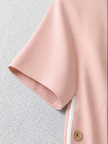 EMERY ROSE Plus Size Women's Trimmed Round Neck Short Sleeve Button Design Shirt Office Club Pink Summer - Pink - View 4