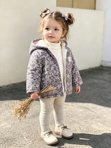 SHEIN Vintaside Kids 女嬰藍色花卉連帽拉鍊外套，抓絨內裡保暖夾克附貼標，復古牛仔女孩舒適冬季棉質套裝健身俱樂部 - 紫色 - 查看 10