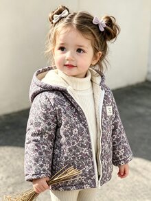 SHEIN Vintaside Kids 女嬰藍色花卉連帽拉鍊外套，抓絨內裡保暖夾克附貼標，復古牛仔女孩舒適冬季棉質套裝健身俱樂部 - 紫色 - 查看 9
