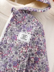SHEIN Vintaside Kids 女嬰藍色花卉連帽拉鍊外套，抓絨內裡保暖夾克附貼標，復古牛仔女孩舒適冬季棉質套裝健身俱樂部 - 紫色 - 查看 7