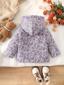 SHEIN Vintaside Kids 女嬰藍色花卉連帽拉鍊外套，抓絨內裡保暖夾克附貼標，復古牛仔女孩舒適冬季棉質套裝健身俱樂部 - 紫色 - 查看 2