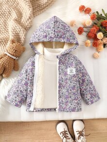 SHEIN Vintaside Kids 女嬰藍色花卉連帽拉鍊外套，抓絨內裡保暖夾克附貼標，復古牛仔女孩舒適冬季棉質套裝健身俱樂部 - 紫色 - 查看 3