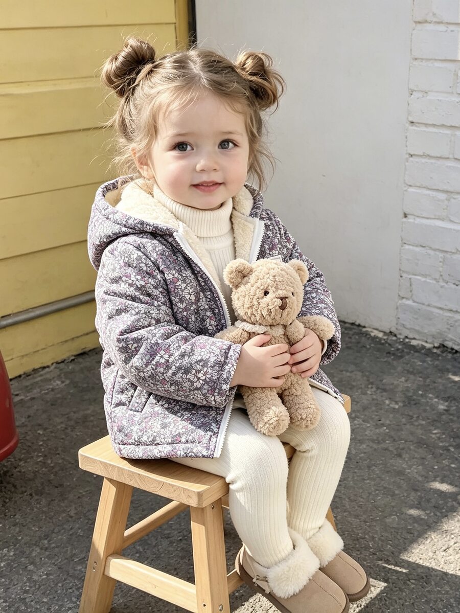 SHEIN Vintaside Kids 女嬰藍色花卉連帽拉鍊外套,抓絨內裡保暖夾克附貼標,復古牛仔女孩舒適冬季棉質套裝健身俱樂部 - 紫色 - 查看 1