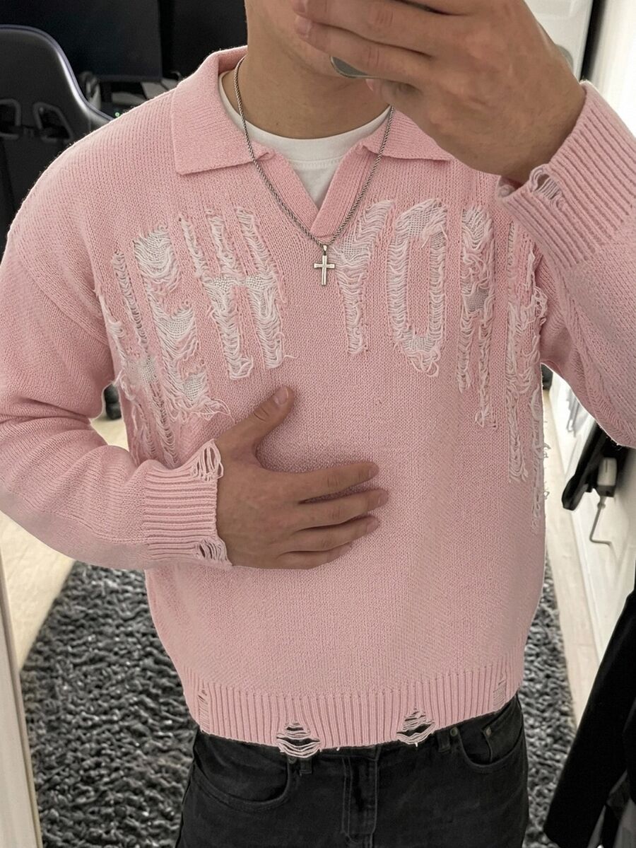 Manfinity Hypemode Men's Autumn/Winter Casual Goth Distressed New York Graphic Dropped Shoulder Long Sleeve Sweater English Letter Pattern Knitted Pullover - Pink - View 1