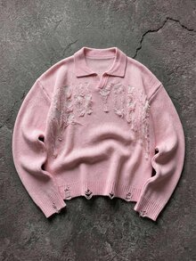 Manfinity Hypemode Men's Autumn/Winter Casual Goth Distressed New York Graphic Dropped Shoulder Long Sleeve Sweater English Letter Pattern Knitted Pullover - Pink - View 2