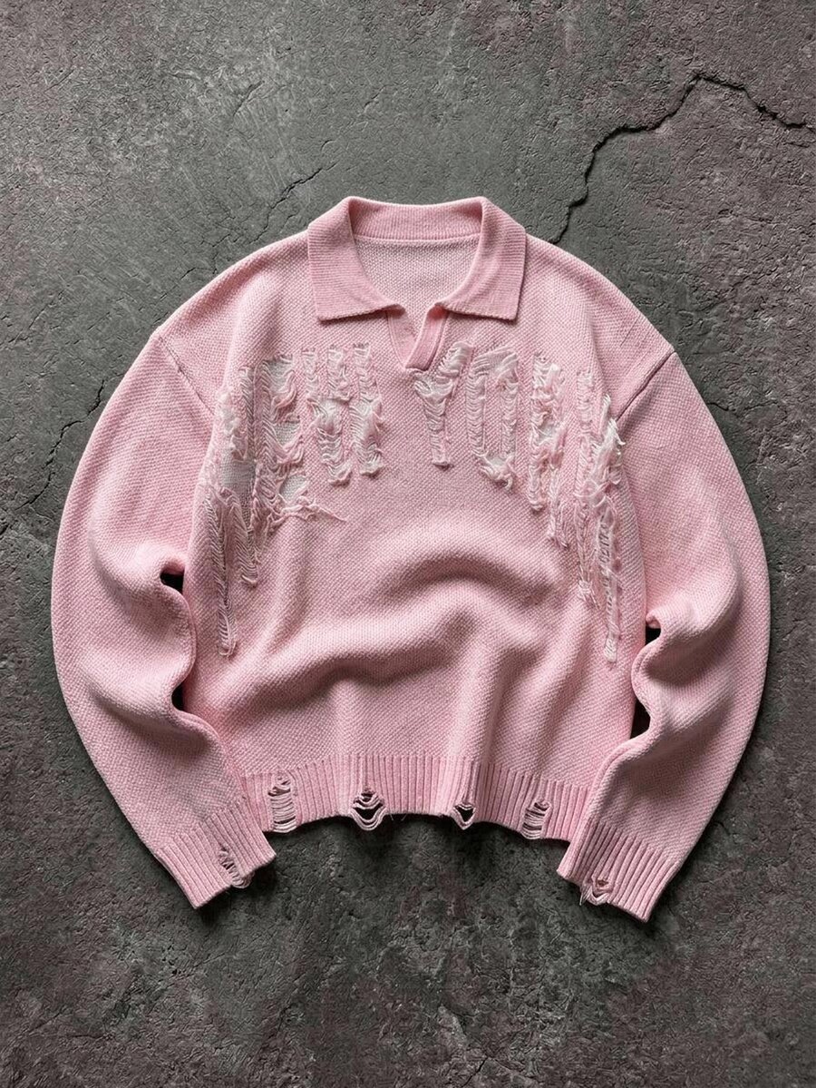 Manfinity Hypemode Sweater Pria Kasual Musim Gugur/Dingin Gaya Goth Lusuh Motif Huruf Inggris Lengan Panjang dengan Bahu Jatuh, Pola Huruf Inggris - Berwarna merah muda - View 1