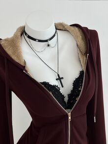 Elamini 女式合身复古针织弹力连帽保暖内衬长袖口袋运动衫 - 中紫紅色 - 查看 4