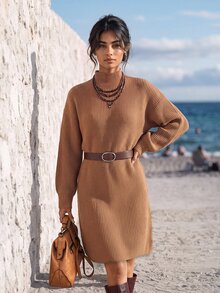 Faunlyn Women's Turtleneck Ribbed Knit Sweater Dress With Belt, Long Sleeve Bodycon Mini Dress For Fall Winte - Brown - View 7