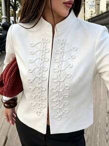 SHEIN 春秋款白色拿破崙鈕扣裝飾立領寬鬆隱藏鉤扣內裡夾克，白色休閒夾克，度假夾克，時尚優雅休閒夾克 - 白色 - 查看 7