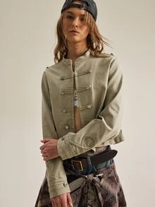 SHEIN 女款極簡純色金屬扣飾夾克 - 綠色 - 查看 7