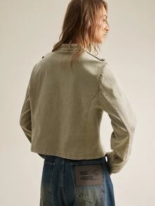 SHEIN 女款極簡純色金屬扣飾夾克 - 綠色 - 查看 3