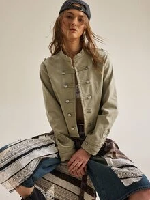 SHEIN 女款極簡純色金屬扣飾夾克 - 綠色 - 查看 8