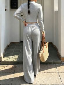Avenya 2pcs Set Small Stand Collar Knit Long Sleeve Top & Knit Low Waist Casual Pants Fall/Winter - Grey - View 2