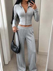 Avenya 2pcs Set Small Stand Collar Knit Long Sleeve Top & Knit Low Waist Casual Pants Fall/Winter - Grey - View 4