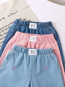 Genkimix Kids 3件組少女藍色牛仔寬腿褲套裝，櫻桃草莓蝴蝶結刺繡，鬆緊腰，秋季新品 - 彩色 - 查看 5