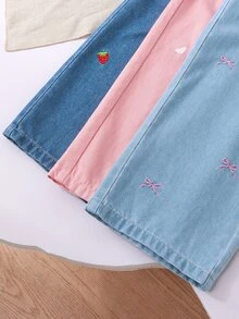 Genkimix Kids 3件組少女藍色牛仔寬腿褲套裝，櫻桃草莓蝴蝶結刺繡，鬆緊腰，秋季新品 - 彩色 - 查看 6