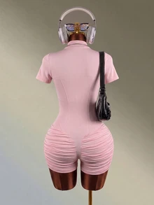 Mistrie Women's Casual Sports Fitness Yoga Ruched Romper - Pink - View 3