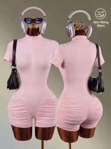 Mistrie Women's Casual Sports Fitness Yoga Ruched Romper - Pink - View 1
