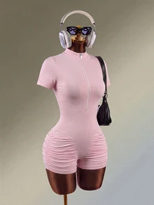 Mistrie Women's Casual Sports Fitness Yoga Ruched Romper - Pink - View 4