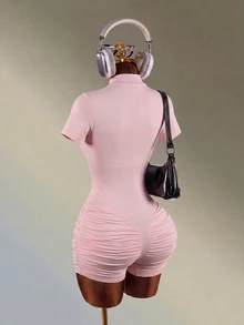 Mistrie Women's Casual Sports Fitness Yoga Ruched Romper - Pink - View 2
