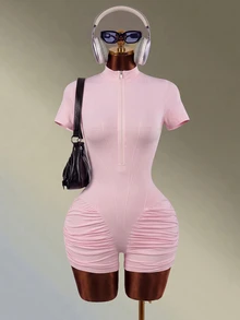 Mistrie Women's Casual Sports Fitness Yoga Ruched Romper - Pink - View 5