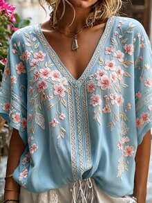 Selamara 女款時尚花卉印花V領蝙蝠袖短袖上衣 - 藍色 - 查看 3
