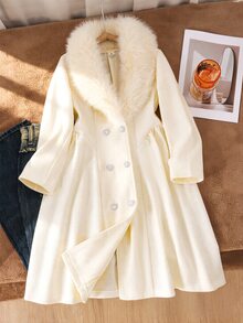 1 buah Mantel Panjang Gaya Prancis untuk Anak Perempuan, Cocok untuk Pesta dan Perjalanan Musim Dingin, Kerah Bulu Besar, Pinggang Terikat, Kancing Ganda, Model Mengembang, Musim Gugur, Pakaian Musim Gugur, Bahan Fleece - Aprikot - View 5