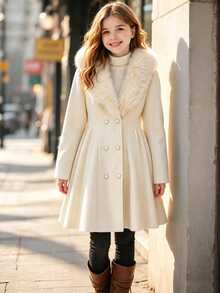 1 buah Mantel Panjang Gaya Prancis untuk Anak Perempuan, Cocok untuk Pesta dan Perjalanan Musim Dingin, Kerah Bulu Besar, Pinggang Terikat, Kancing Ganda, Model Mengembang, Musim Gugur, Pakaian Musim Gugur, Bahan Fleece - Aprikot - View 4