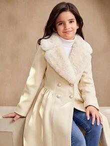 1 buah Mantel Panjang Gaya Prancis untuk Anak Perempuan, Cocok untuk Pesta dan Perjalanan Musim Dingin, Kerah Bulu Besar, Pinggang Terikat, Kancing Ganda, Model Mengembang, Musim Gugur, Pakaian Musim Gugur, Bahan Fleece - Aprikot - View 1