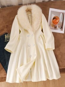 1 buah Mantel Panjang Gaya Prancis untuk Anak Perempuan, Cocok untuk Pesta dan Perjalanan Musim Dingin, Kerah Bulu Besar, Pinggang Terikat, Kancing Ganda, Model Mengembang, Musim Gugur, Pakaian Musim Gugur, Bahan Fleece - Aprikot - View 3