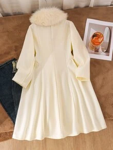 1 buah Mantel Panjang Gaya Prancis untuk Anak Perempuan, Cocok untuk Pesta dan Perjalanan Musim Dingin, Kerah Bulu Besar, Pinggang Terikat, Kancing Ganda, Model Mengembang, Musim Gugur, Pakaian Musim Gugur, Bahan Fleece - Aprikot - View 2