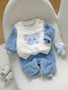 SHEIN Playful Pals 男嬰可愛大象刺繡圓領長袖上衣與鬆緊腰長褲雙面極地絨毛套裝，適合休閒外出與冬季穿著，百搭冬季套裝 - 淺藍色 - 查看 7