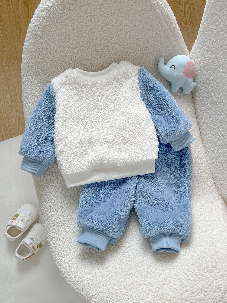 SHEIN Playful Pals Baby Boys Cute Elephant Embroidered Round Neck Long Sleeve Top And Elastic Waist Long Pants Double-Sided Polar Fleece Plush Set, Suitable For Casual Outings And Winter Wear, Versatile Winter Outfit - Baby Blue - View 2