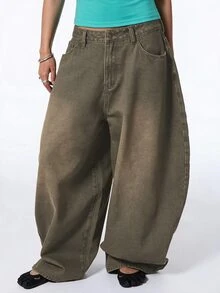 COUREZ Low Rise Baggy Balloon Jeans Olive Green Camo Wash Y2K Streetwear Casual Women Denim Fall Everyday School - Green - View 1