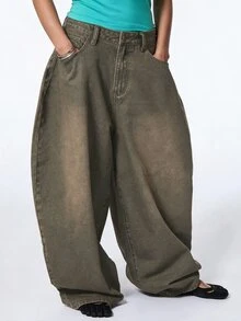 COUREZ Low Rise Baggy Balloon Jeans Olive Green Camo Wash Y2K Streetwear Casual Women Denim Fall Everyday School - Green - View 2