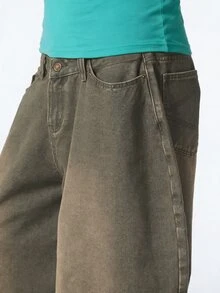 COUREZ Low Rise Baggy Balloon Jeans Olive Green Camo Wash Y2K Streetwear Casual Women Denim Fall Everyday School - Green - View 5