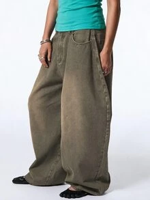 COUREZ Low Rise Baggy Balloon Jeans Olive Green Camo Wash Y2K Streetwear Casual Women Denim Fall Everyday School - Green - View 4