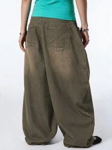 COUREZ Low Rise Baggy Balloon Jeans Olive Green Camo Wash Y2K Streetwear Casual Women Denim Fall Everyday School - Green - View 3