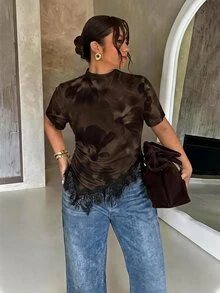 Firerie 休閒浪漫花卉印花大尺碼短袖蕾絲咖啡棕色T恤，適合夏季、音樂節 - 彩色 - 查看 1