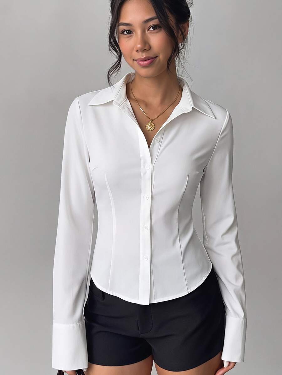 SHEIN Tween Girls Minimalist White Blouse Long Sleeve Comfortable Versatile Solid Button Up Shirt - White - View 1