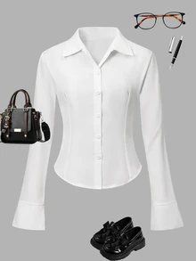 SHEIN Tween Girls Minimalist White Blouse Long Sleeve Comfortable Versatile Solid Button Up Shirt - White - View 3