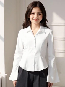 SHEIN Tween Girls Minimalist White Blouse Long Sleeve Comfortable Versatile Solid Button Up Shirt - White - View 8