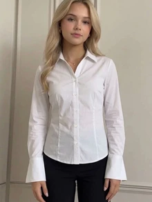 SHEIN Tween Girls Minimalist White Blouse Long Sleeve Comfortable Versatile Solid Button Up Shirt - White - View 4