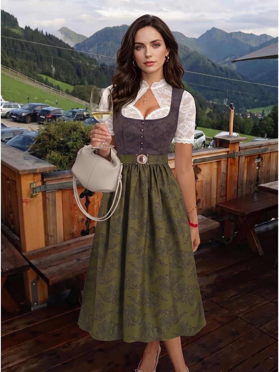 Fairmaia Grey And Pink Jacquard Sleeveless Button Front Belted Dirndl Dress Oktoberfest Party Summer Traditional Heritage - Multicolor - View 1