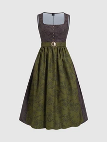 Fairmaia Grey And Pink Jacquard Sleeveless Button Front Belted Dirndl Dress Oktoberfest Party Summer Traditional Heritage - Multicolor - View 3