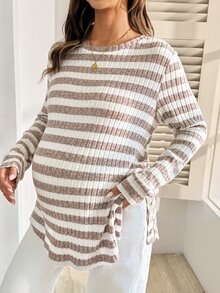 SHEIN بلوزة رياضية مخططة بياقة دائرية وأكمام طويلة كاجوال متعددة الاستخدامات للحوامل في فصل الشتاء - وردي - مشاهدة 2